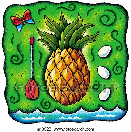 Drawing - A whisk, eggs, pineapple and a butterfly. Fotosearch