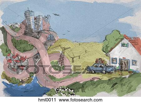 Clip Art - A winding road connecting the city and a rural area. Fotosearch