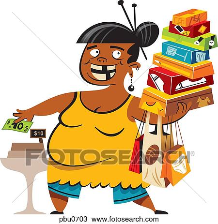A woman buying a stack of products and carrying cash View Large Illustration Drawing - A woman buying a stack of products and carrying cash. Fotosearch