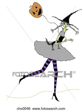 Stock Illustration - A woman dressed as a witch holding a pumpkin shaped balloon. Fotosearch