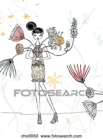 Clipart - A woman holding a bouquet of large flowers. Fotosearch