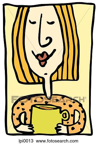 Drawing - A woman holding a yellow mug. Fotosearch