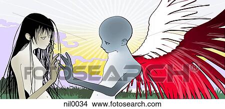 Stock Illustration - A woman holding her hand up to an angel. Fotosearch