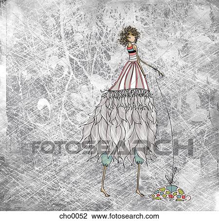 Drawing - A woman in a long flowing dress walking a turtle on a leash. Fotosearch