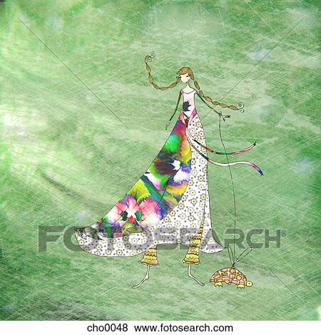 A woman in a long flowing dress walking a turtle View Large Illustration Stock Illustration - A woman in a long flowing dress walking a turtle. Fotosearch