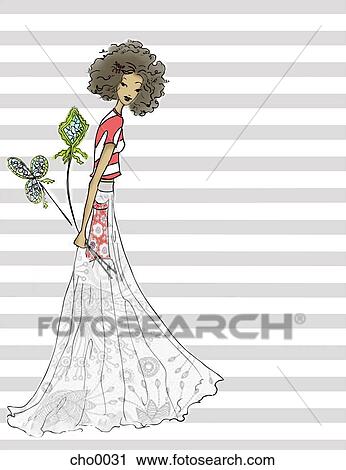 Clip Art - A woman in a long skirt holding flowers. Fotosearch