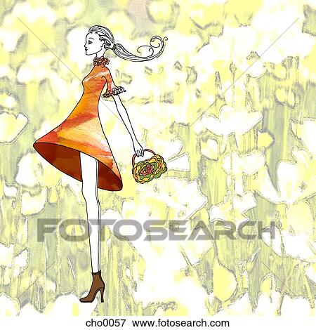 Stock Illustration - A woman in an orange dress holding a purse. Fotosearch