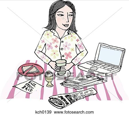 Stock Illustration - a woman in her pajamas with morning coffee infront of the laptop. Fotosearch