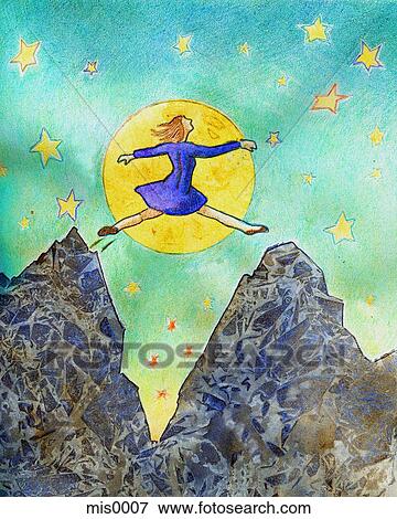 Stock Illustration - A woman jumping from one mountain to another. Fotosearch