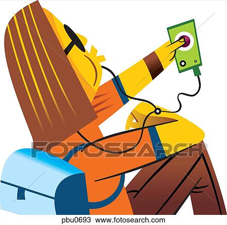 Drawing - A woman listening to music on her portable music player. Fotosearch