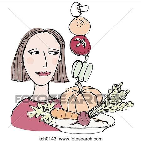 Drawing - A woman looking at a stack of vegetables. Fotosearch
