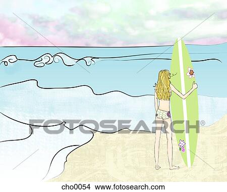 Stock Illustration - A woman looking out into the water as she is holding her surfboard. Fotosearch