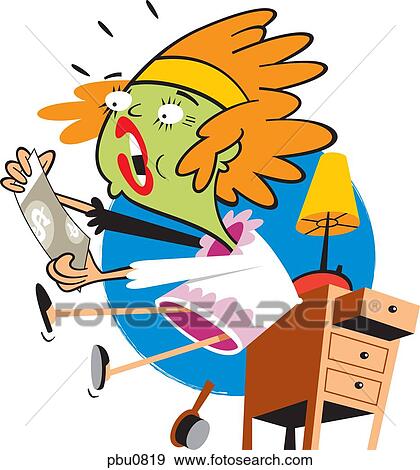 A woman looking surprised as she holds up a bill View Large Illustration Stock Illustration - A woman looking surprised as she holds up a bill. Fotosearch