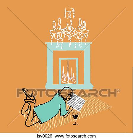 Stock Illustration - A woman lying on her stomach reading and having a glass of wine. Fotosearch