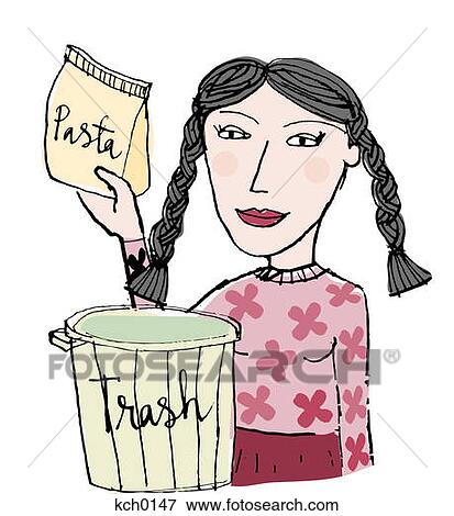 a woman putting pasta in the trash can View Large Illustration Stock Illustration - a woman putting pasta in the trash can. Fotosearch