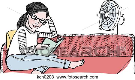 Stock Illustration - A woman reading a book on a couch with an electric fan in the background. Fotosearch