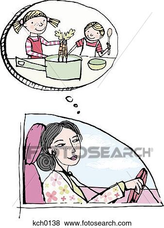 Stock Illustration - a woman thinking about her kids cooking as she is driving. Fotosearch