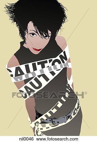 Stock Illustration - A woman tied up with caution tape. Fotosearch