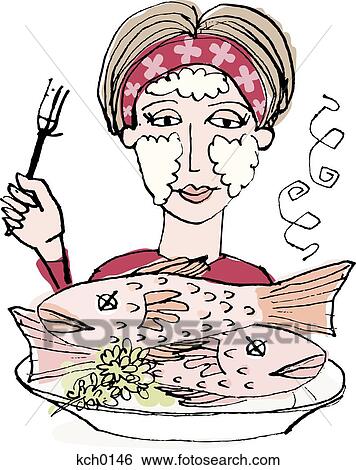 Stock Illustration - A woman wearing a face mask and serving fish. Fotosearch