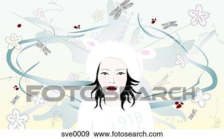 Stock Illustration - A woman wearing a hat with butterflies and flowers in the background. Fotosearch