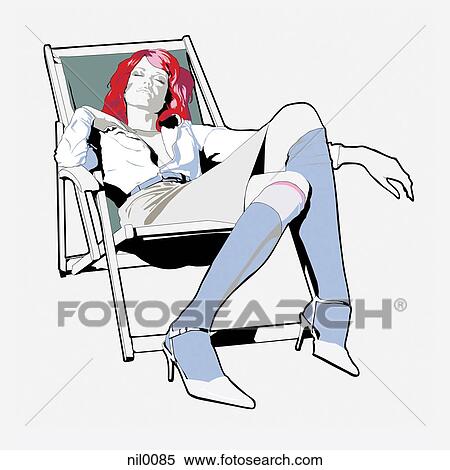 Stock Illustration - A woman wearing knee high socks lounging in a chair.. Fotosearch