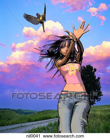 Clip Art - A woman who has just released a bird. Fotosearch