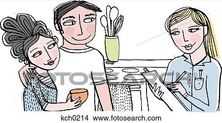 Stock Illustration - A woman with a clipboard talking to a couple while taking notes. Fotosearch