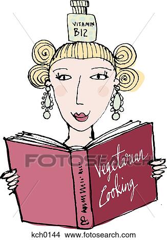 Stock Illustration - A woman with a cook book about vegetarian cooking. Fotosearch