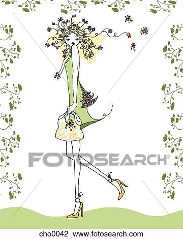 Drawing - A woman with flowers in her hair. Fotosearch