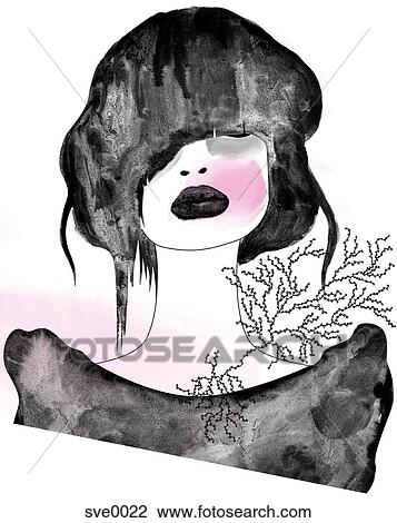 Drawing - A woman with hair covering her face. Fotosearch