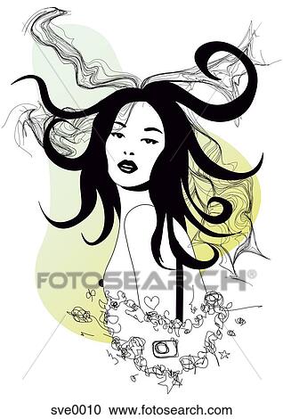 Clipart - A woman with hair floating in the wind. Fotosearch