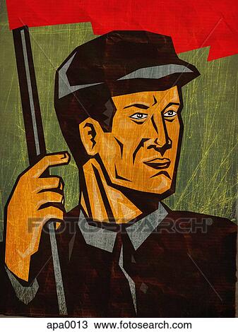 Drawing - A worker holding a flag. Fotosearch