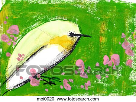 Clipart - A yellow bird and flowers against a green background. Fotosearch