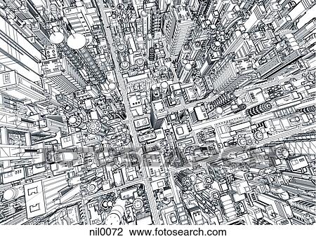 Drawing - An aerial view of a city. Fotosearch