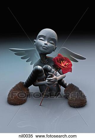 An angel sitting down holding a rose View Large Illustration Stock Illustration - An angel sitting down holding a rose. Fotosearch