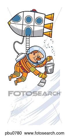 Clipart - An astronaut hanging off of a rocket ship while holding a paint brush and bucket. Fotosearch