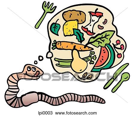 Drawing - An earthworm thinking about dinner including fruits and vegetables. Fotosearch