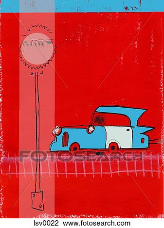 Drawing - An old fashioned car and a street sign. Fotosearch