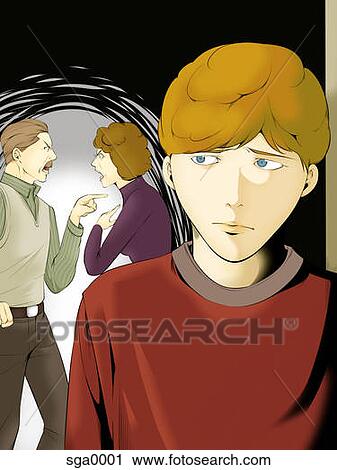 Clip Art - An upset teenage boy with his parents yelling at each other in the background. Fotosearch