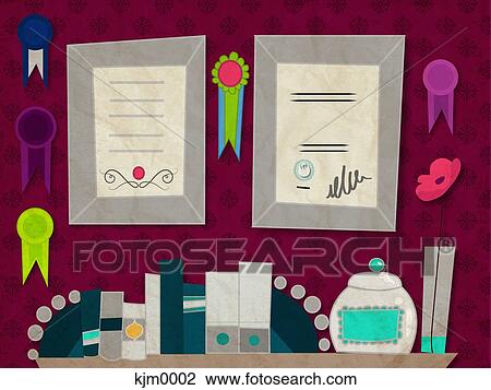 Awards and plaques hanging on a wall View Large Illustration Drawing - Awards and plaques hanging on a wall. Fotosearch