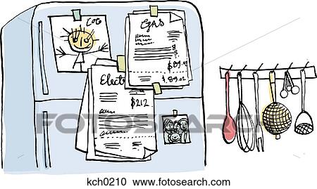 Bills hanging on a fridge View Large Illustration Clipart - Bills hanging on a fridge. Fotosearch