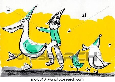 Clipart - Birds and a boy walking in a line. Fotosearch