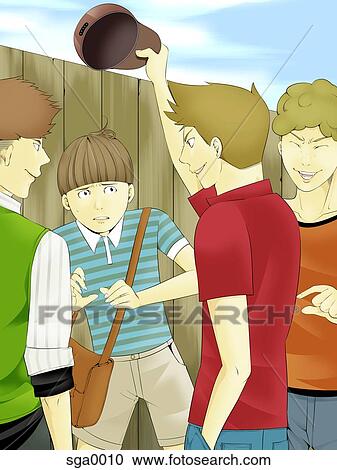 Clipart - Bullies taking a hat off a boy. Fotosearch