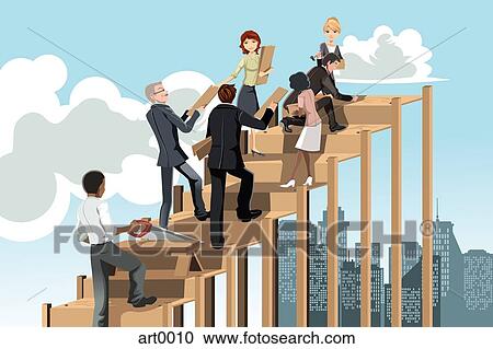 Clipart - Businesspeople working together to build stairs. Fotosearch