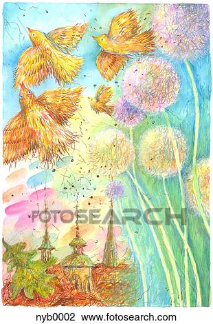 Dandelions and birds View Large Illustration Drawing - Dandelions and birds. Fotosearch