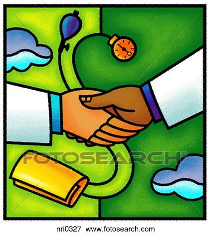 Stock Illustration - Doctors holding hands with a blood pressure monitor in the background. Fotosearch