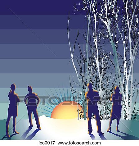 Stock Illustration - Four silhouettes of people watching the sun set. Fotosearch