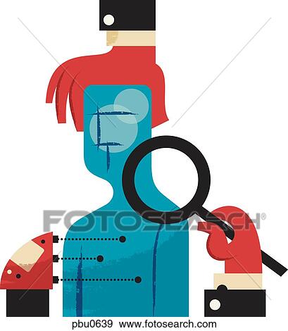 Stock Illustration - hands examining a figure with a magnifying glass. Fotosearch