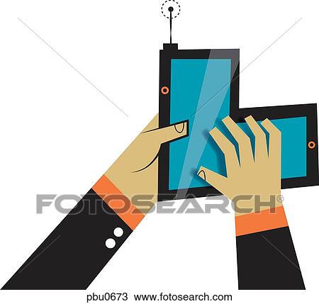 Drawing - Hands using a piece of technology. Fotosearch