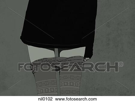 Drawing - Illustration of a woman with tights rolled down.. Fotosearch